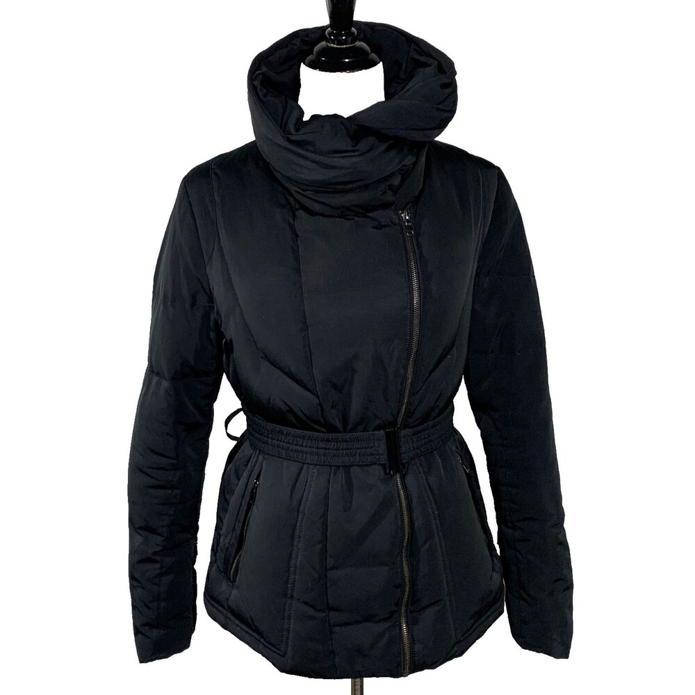 Zara Black Down Puffer Coat Moto Belted High Neck L